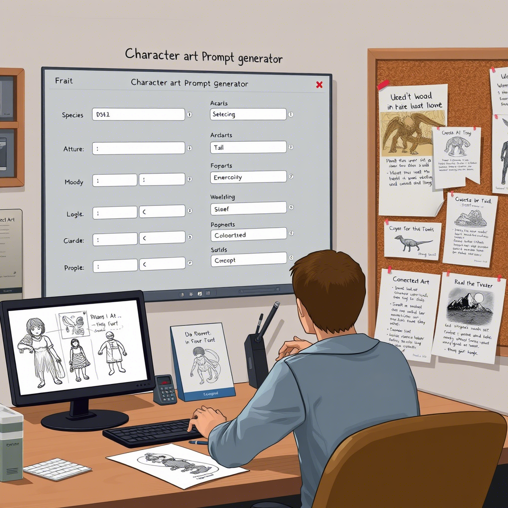 Character art prompt generator creating diverse fantasy and sci-fi characters from AI-generated prompts